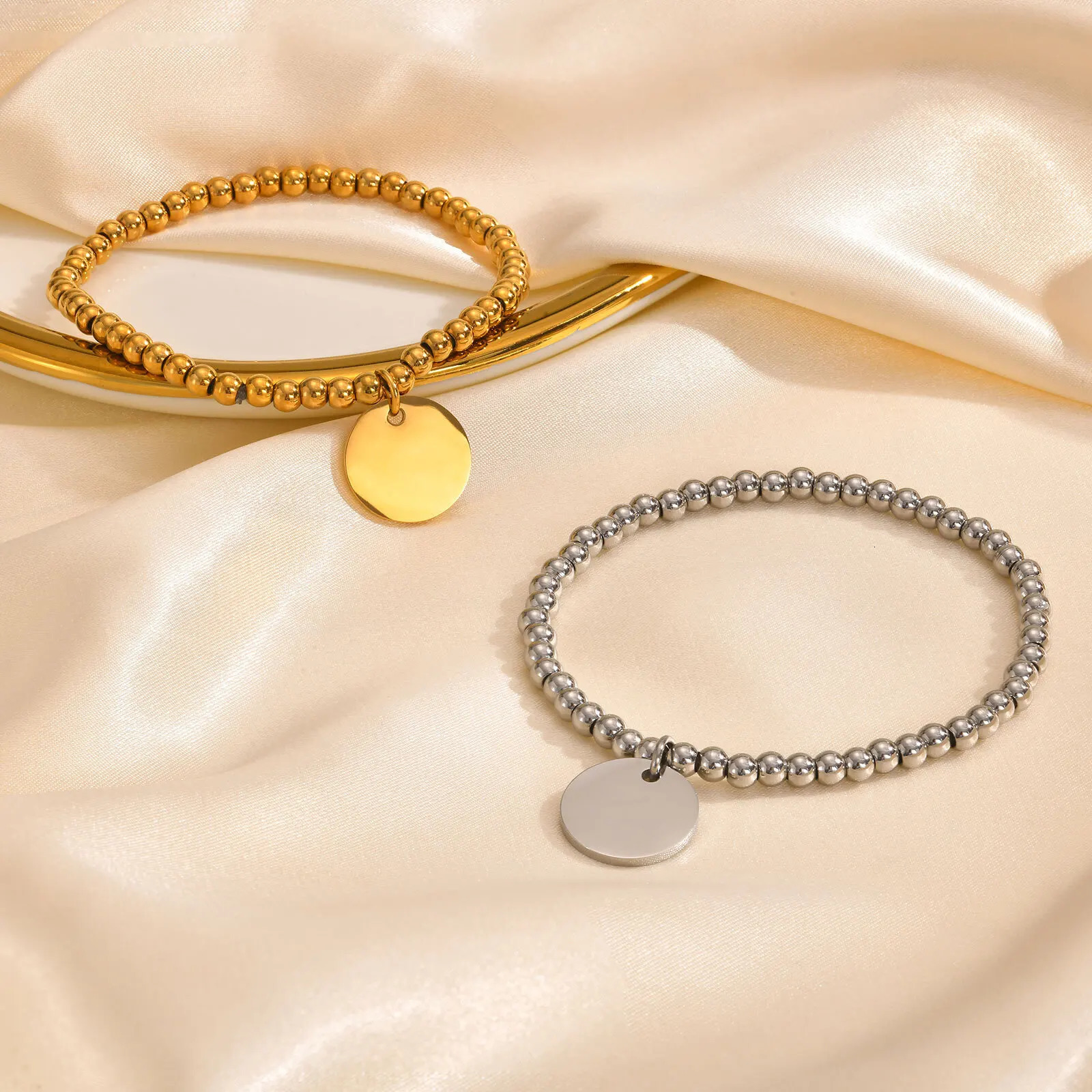 Free Customized Coin Disc Charms Bracelet Elastic Beaded Strand Bracelet for Women Stainless Steel Initial Name Personalized 250327