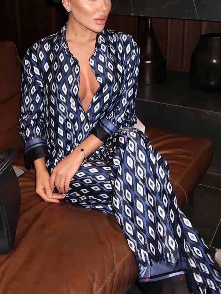 Designer KONDALA Vintage Blue Geometric Print Women Suits Long Sleeve Loose ShirtsHigh Waist Wide Leg Pants Fashion 2025 Holiday Suits Y251104