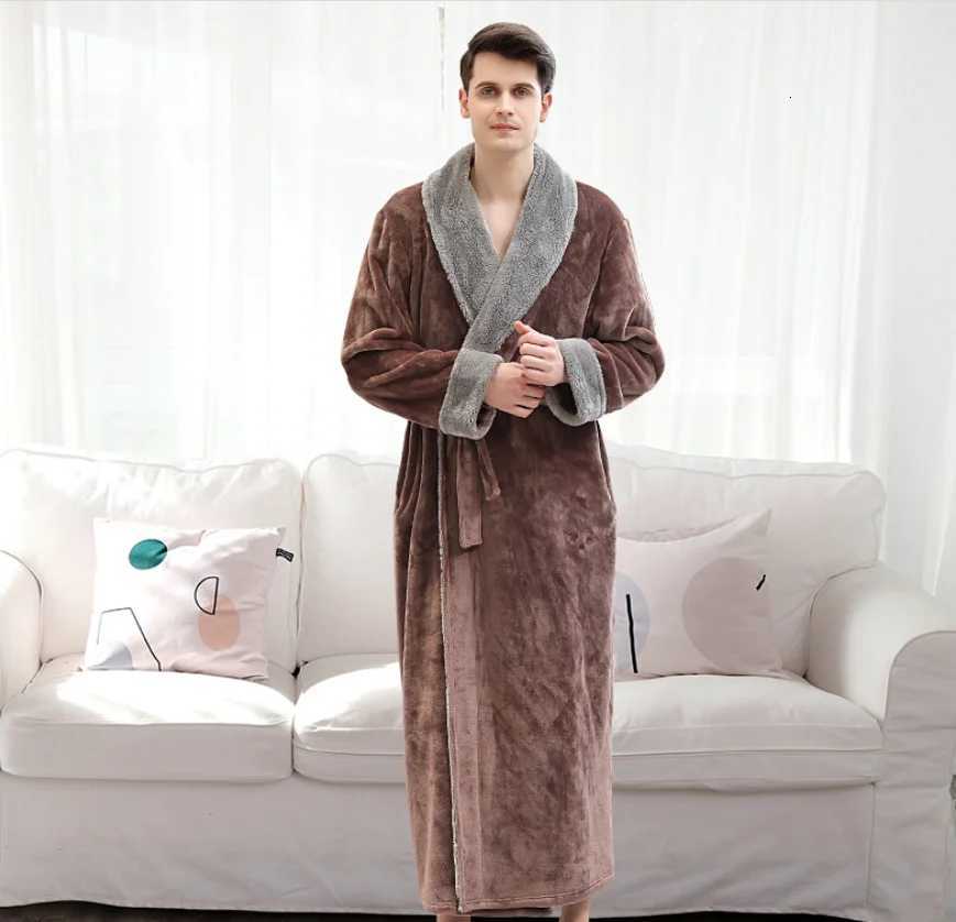 Men Extra Long Warm Flannel Bathrobe 40-100 Kg Men Winter Coral Fleece Bath Robe Night Sleepwear Women Dressing Gown Cozy Robes C251104