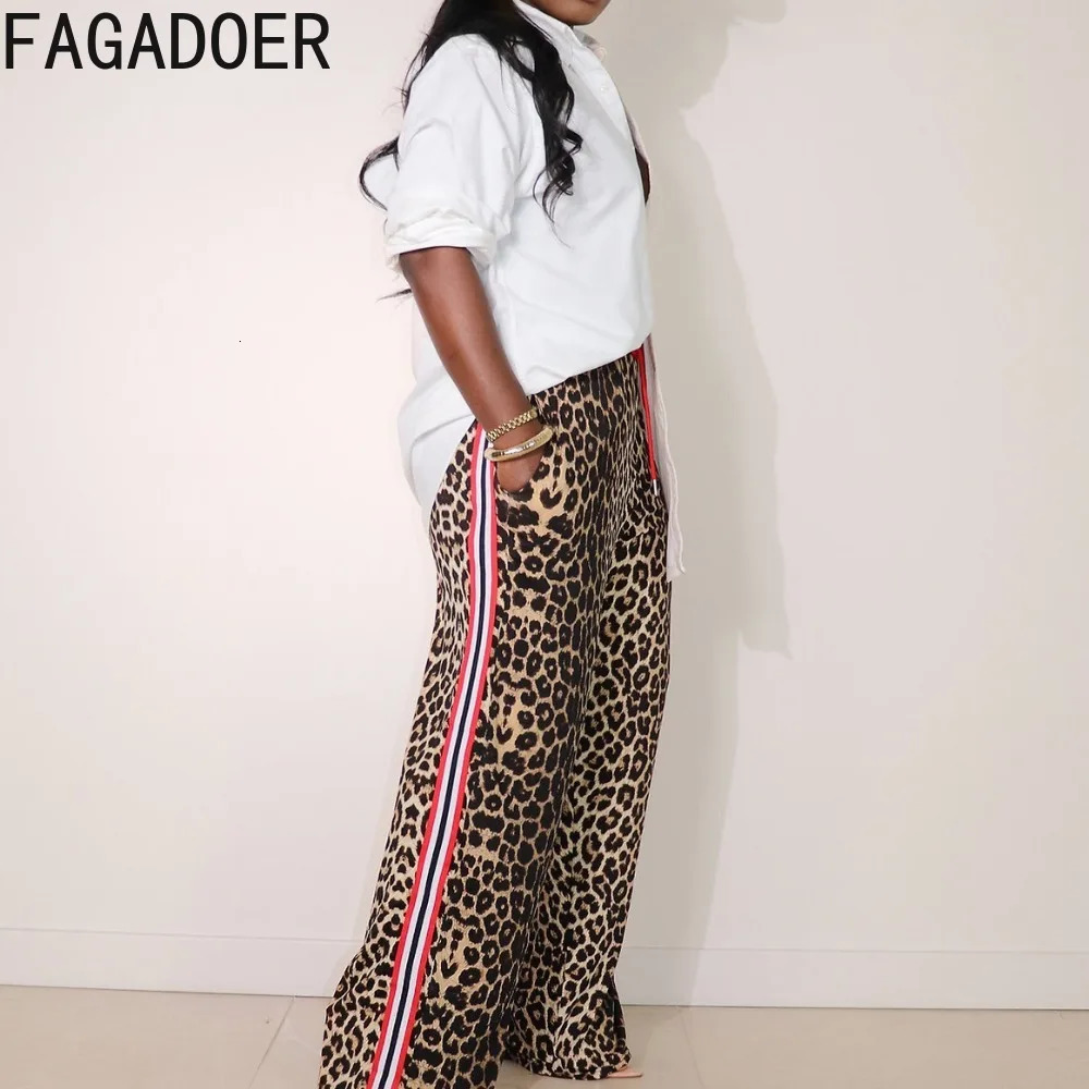 FAGADOER Casual Leopard Print Straight Pants Women Drawstring Stripe Patchwork Wide Leg Pant Trousers Female Streetwear Bottoms 250403