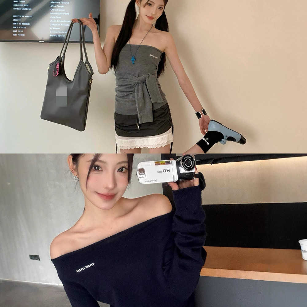 25 Early Spring Vitality Miu Series Yuan Ying Same Style Slant Shoulder Knitted Shirt Spicy Girl Slimming Style Show off Skinny Skincare Top Female L251128