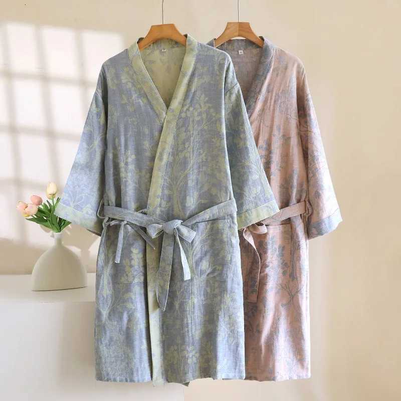 2025 New Womens Spring/Summer Sleeping Robe 100 Cotton Gauze Color woven Jacquard Bathrobe Quick drying Robe Sleepwear C251104