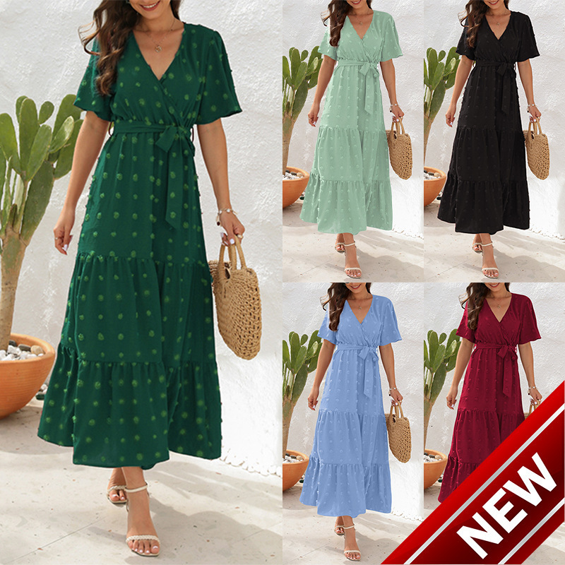Womens 2025 Summer Bohemian Vacation Style Casual Loose Elegant V-neck Dress