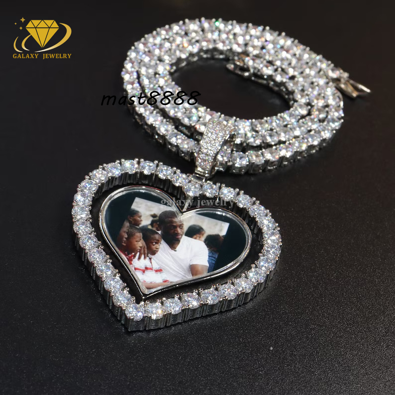 Hip Hop Anniversary Gifts Picture Pendant Tennis Chain Ice Moissanite 925 Silver Heart Shape Memorial Photo Pendant Necklace