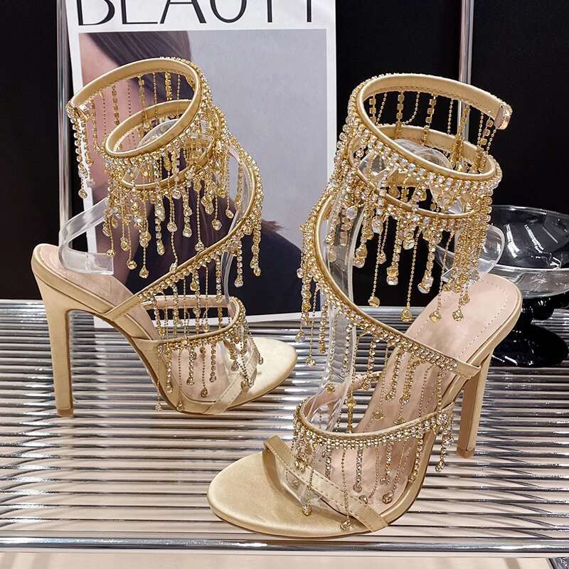Golden Fashion Rhies Peep Toe Ladies High Crystal Shoes Gladiator Sandals Women Thin Heels Female Footwear