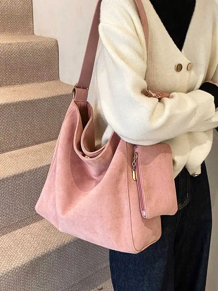 Retro Pink Suede Womens Handbag Winter Large Capacity Casual Horizontal Bag Fashion Niche Inner Arm Bag 250402