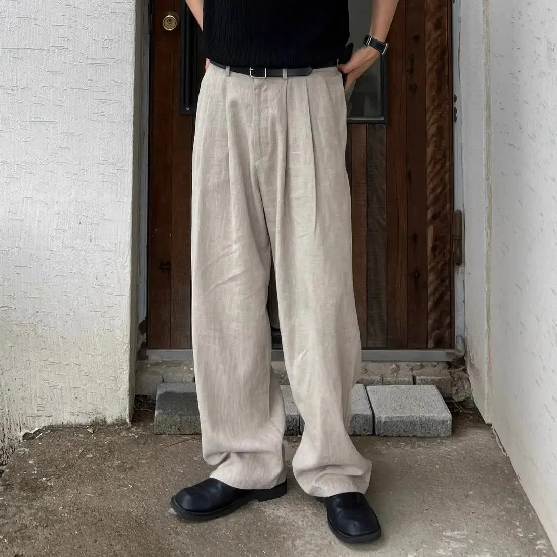 Military Green Cotton Linen Casual Trousers for Mens Summer Japanese Style High-end Versatile Loose Straight Wide-leg Pants 250402