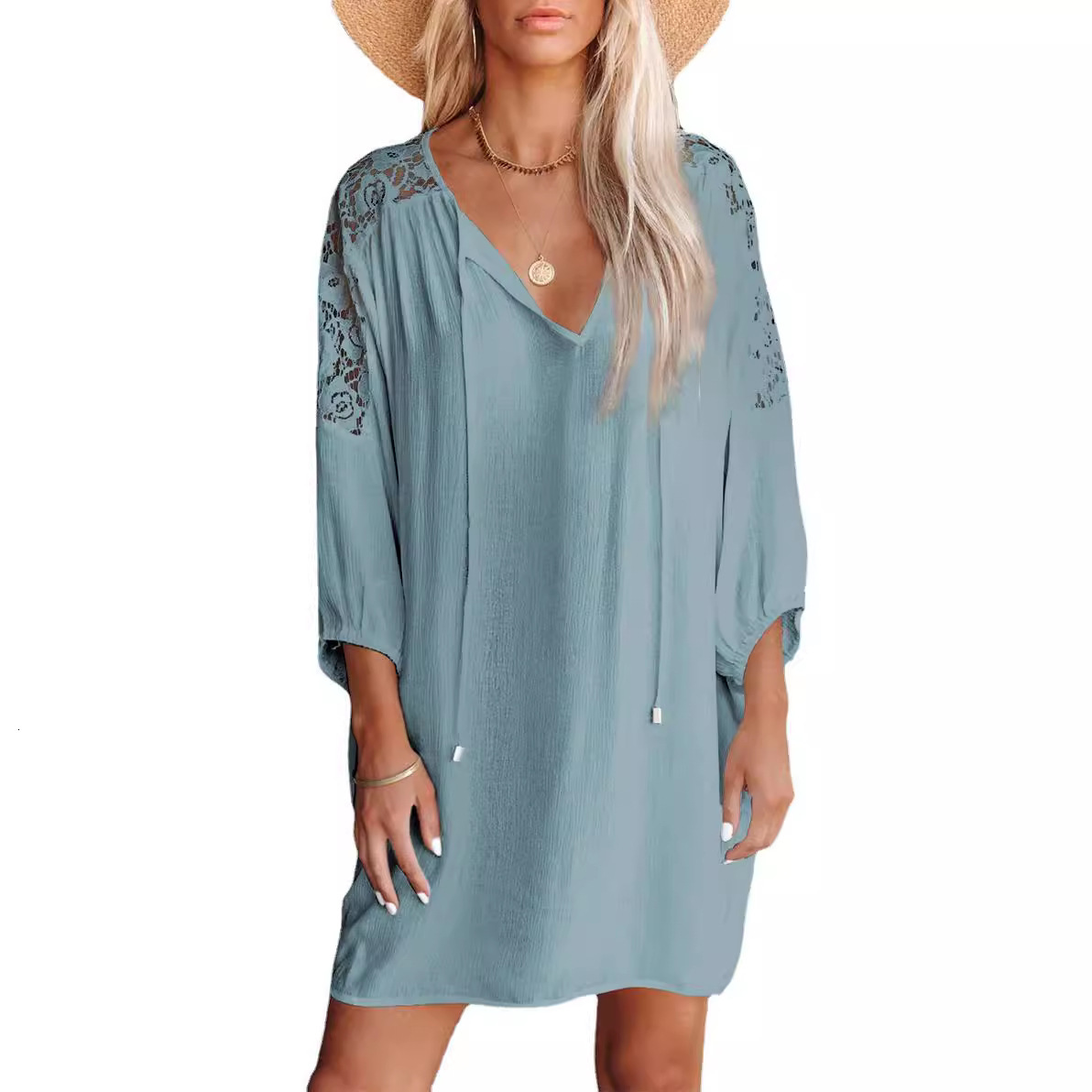 2025 Womens Beach Sunscreen V-neck Lace Shoulder Lace Cotton Long Dress with Seven Inch Sleeves