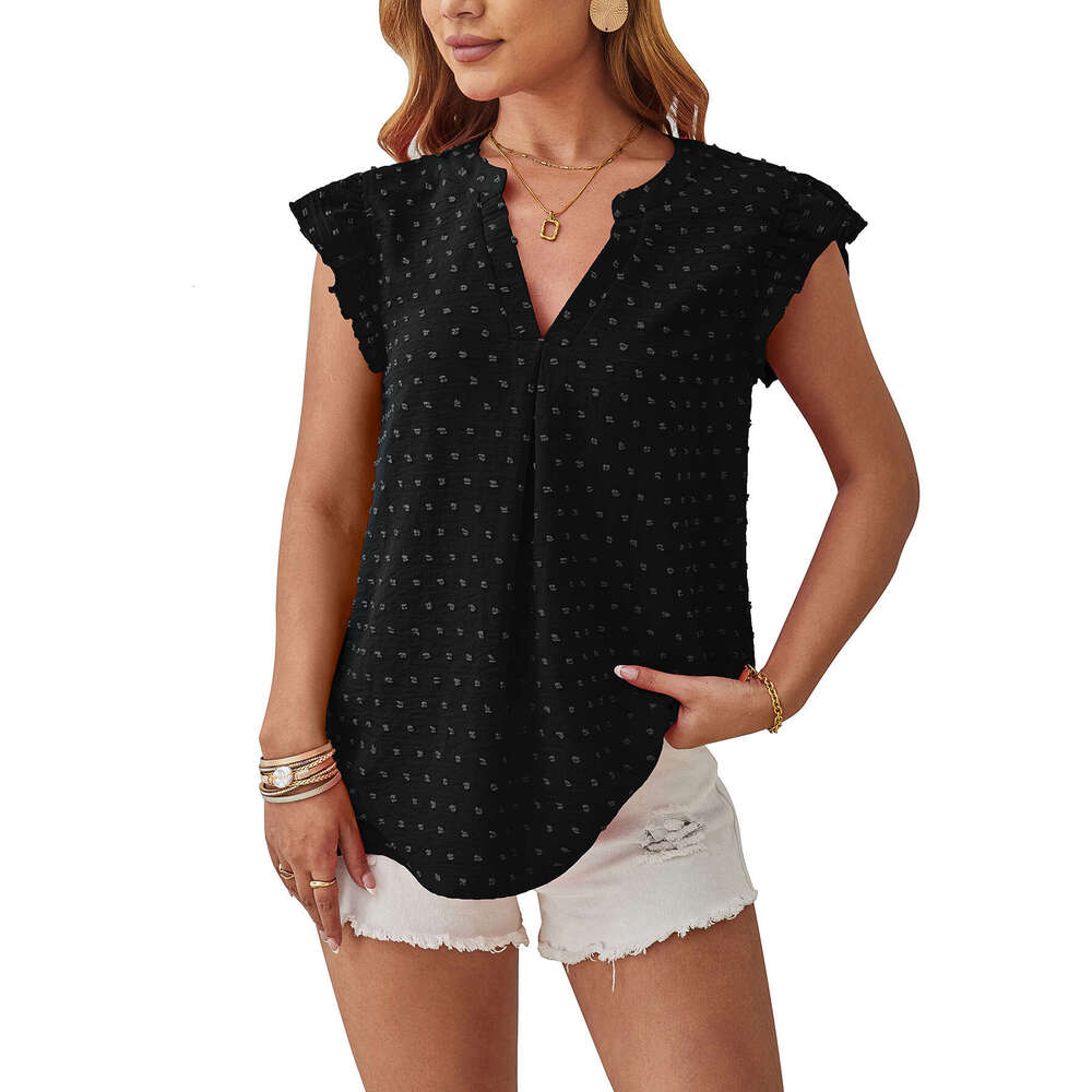 European and American women's spring/summer item V-neck woven jacquard pile sleeve casual work top 2025 temperament versatile new trend clothing 