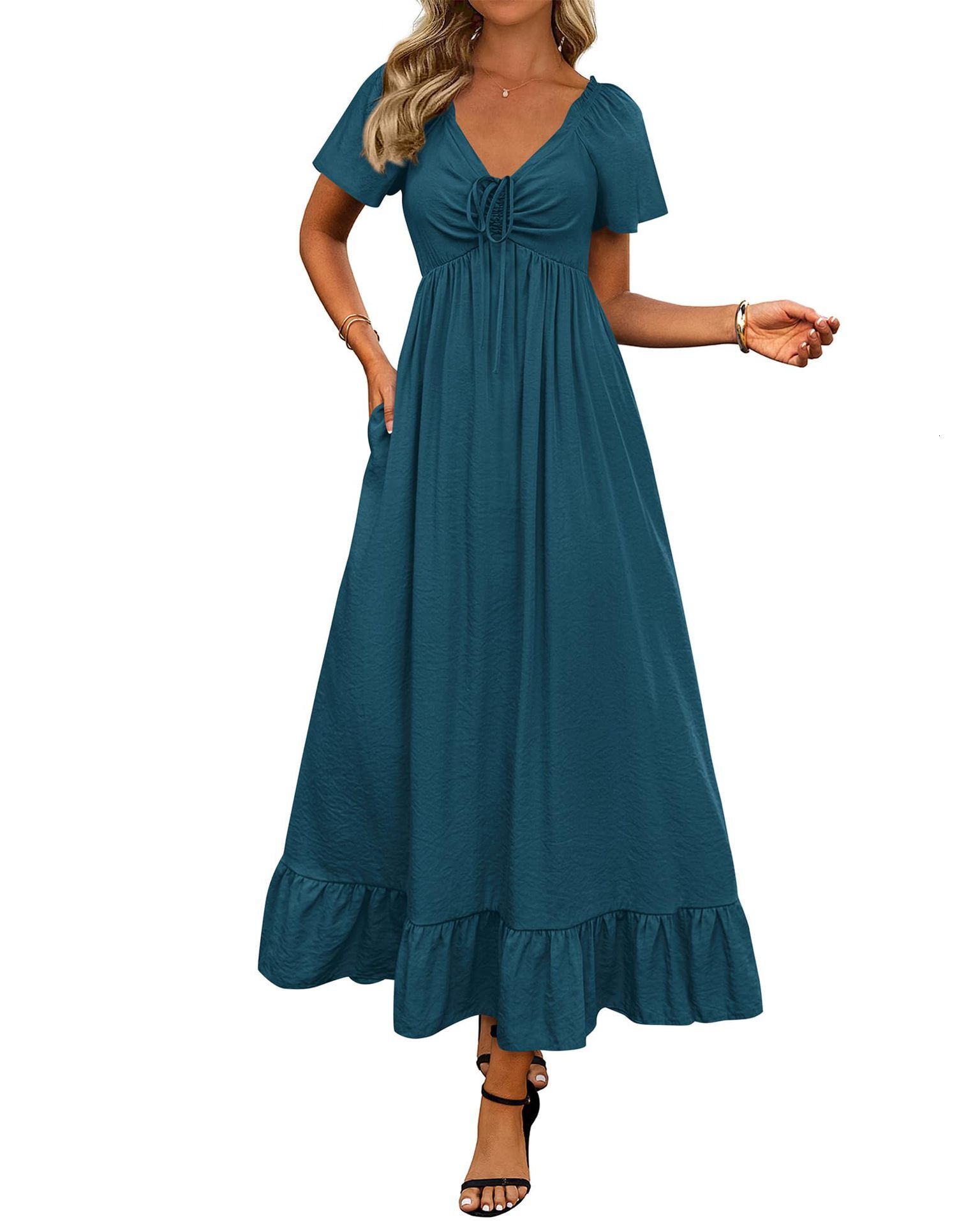 2025 New Fashionable Casual and Elegant V-neck Lace up Large Swing Dress for Womens Summer Style
