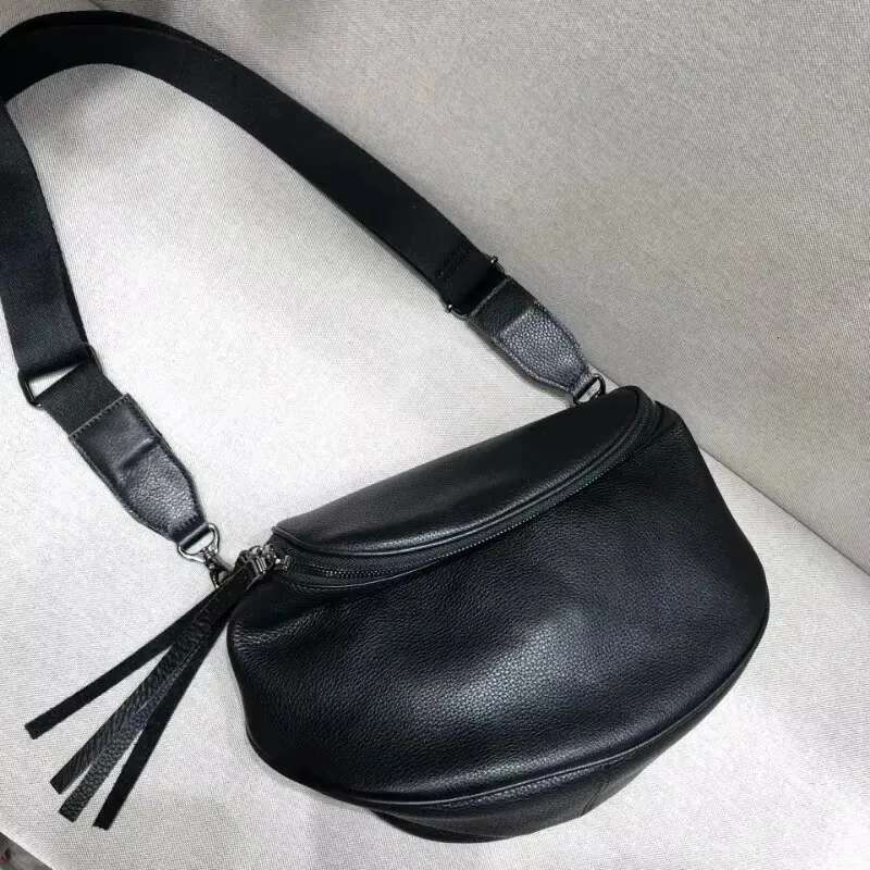 Women's Genuine Leather Crossbody High Quality Black Soft Cowhide Men's Shoulder Large Capacity Casual Tassel Saddle Bag