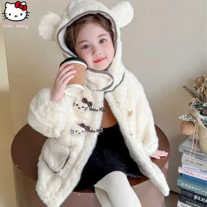 Sanrio Girls Hello Kitty Warm Hooded Jacket Kawaii Autumn Winter New Cartoon Anime Cotton Clothing Fashionable Thickened Coat H251104