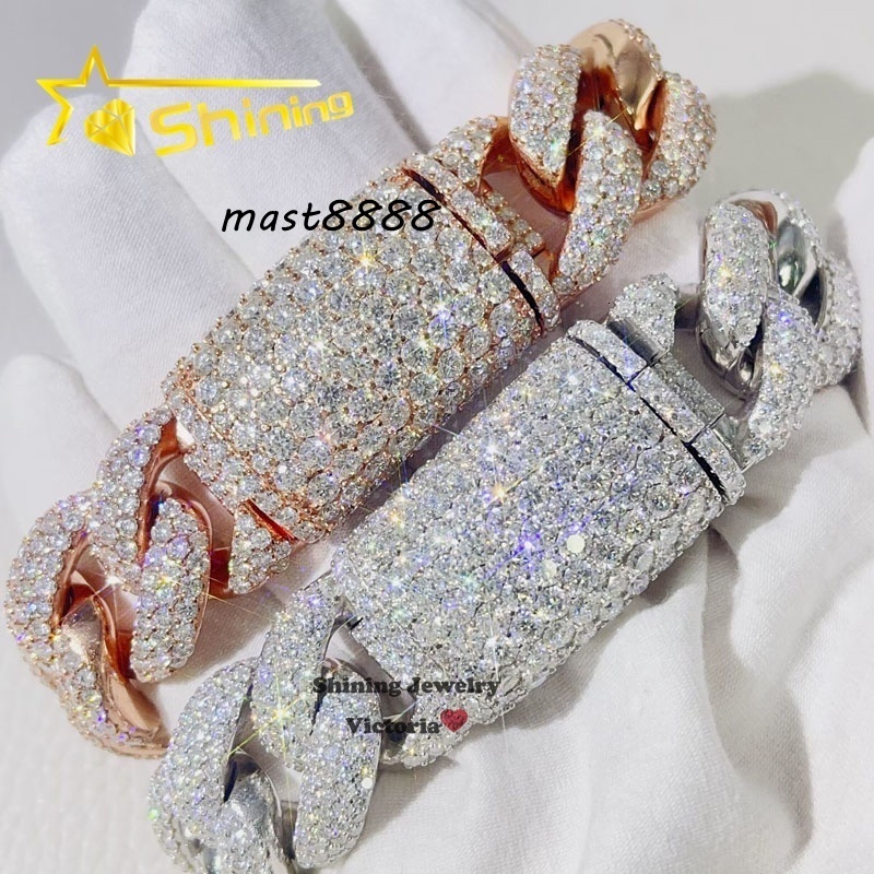 New Design Big Stone Clasp Solid Silver 925 Hip Hop Iced Out Cuban Link Bracelet 20MM With Moissanite Diamond Pass Diamond Teste