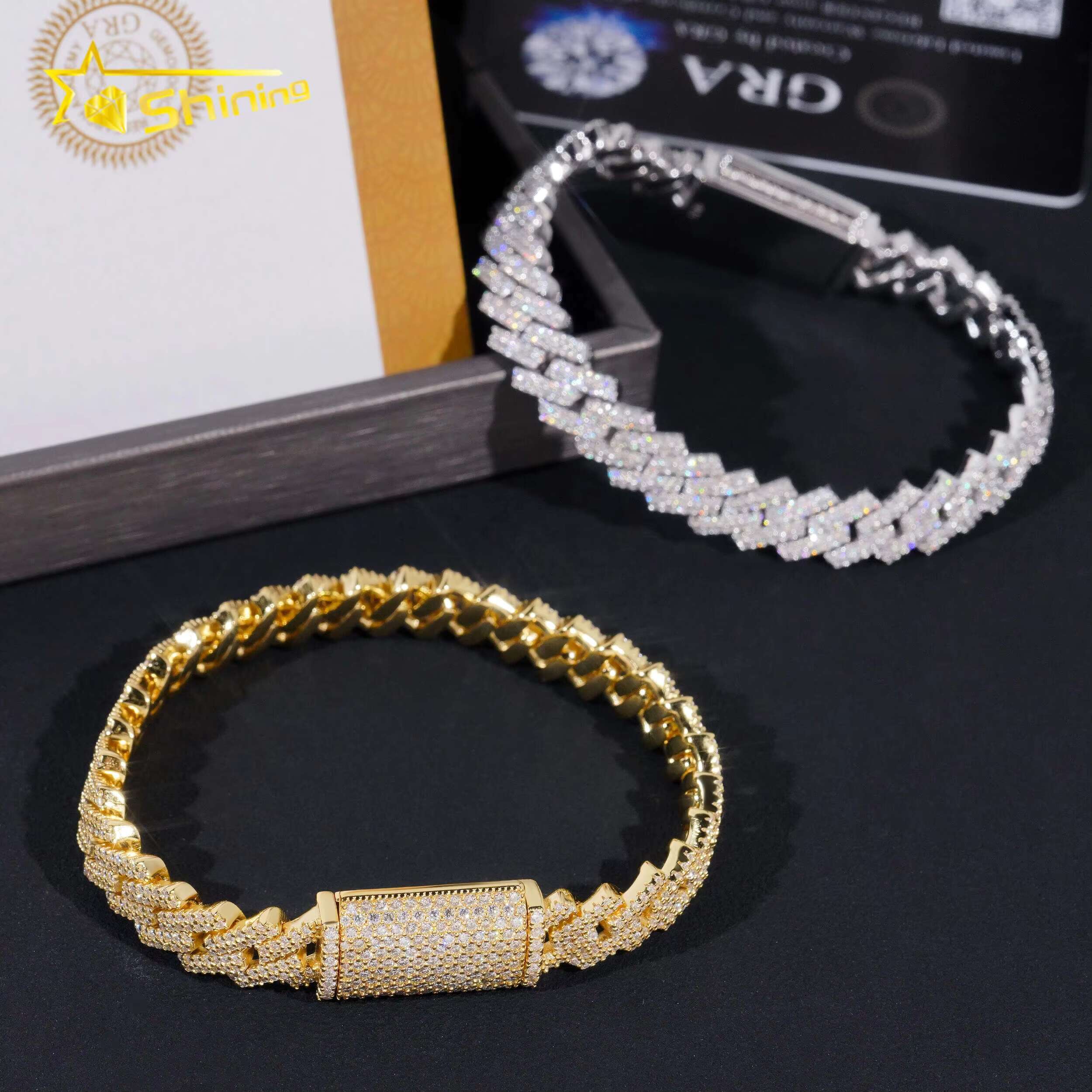 Factory Price 10mm Width 2Rows 925 Solid Silver Iced Out GRA Hip Hop Jewelry Moissanite Cuban Link Chain Bracelet Men