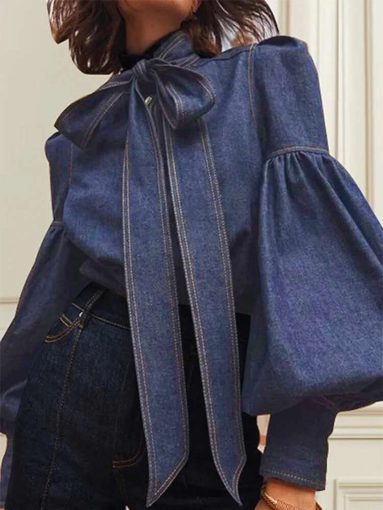 Gymystars New Trendy Imitation Denim Blouse Tops For Women Long Puff Sleeves Bow-Embellished High Neck Women's Autumn Shirts