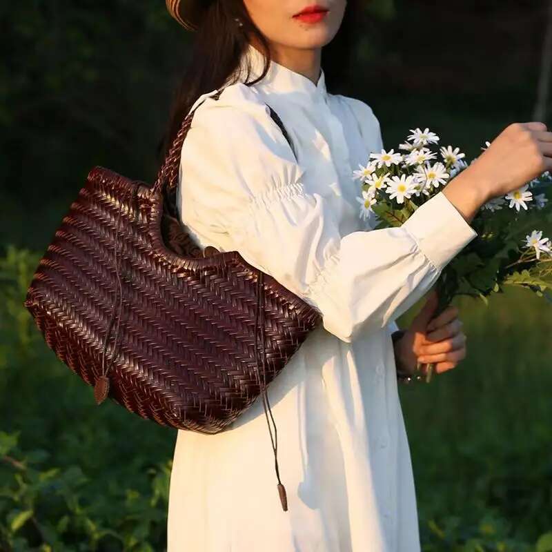 New For Women's Spring And Summer French Retro Tote Bag Genuine Leather Braided Vegetable Basket Ins Style Irregular Shoulde
