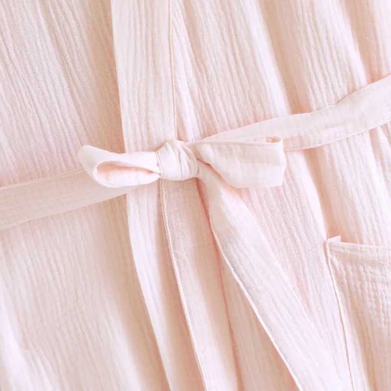 Soft Double Gauze Kimono Robe Women Washed Cotton Spa Bathrobe V Neck Minimst Loungewear Breathable Solid Color Home Robe C251104