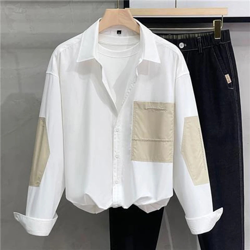 Spring and autumn polo neck fashionable long sleeved mens street patch work contrasting color button up cardigan casual loose top 250403