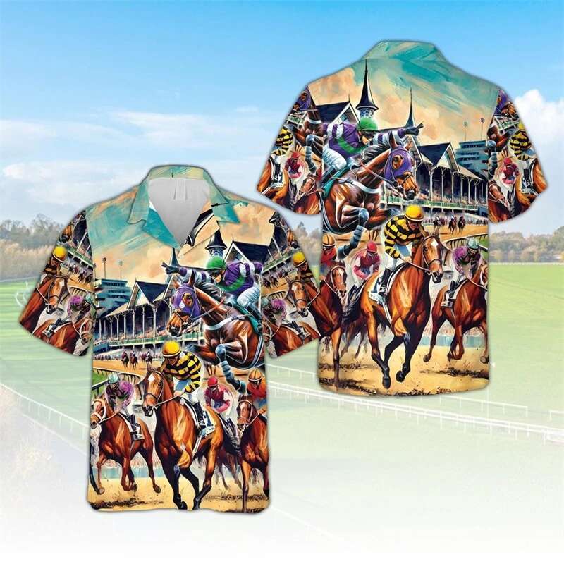 Men's Fashion Casual Loose Short Sleeve New Summer Retro America Style T-shirt Hip Hop Horse Racing Printing Shirt Blouses