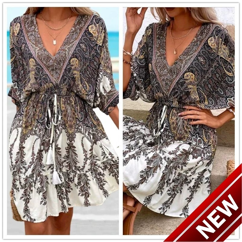 2025 Ethnic Style V-neck Printed A-line Skirt Bohemian Beach Dress
