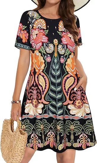 Womens 2025 new casual loose vacation style round neck short sleeved printed dress