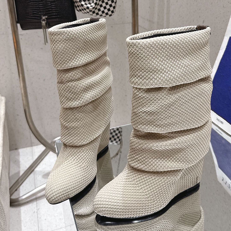 Summer Mid Wedge Boot designer autumn winter boots womens mid length boots high quality knit fabric high wedge heel flat bottom boots fashionable womens brand boots