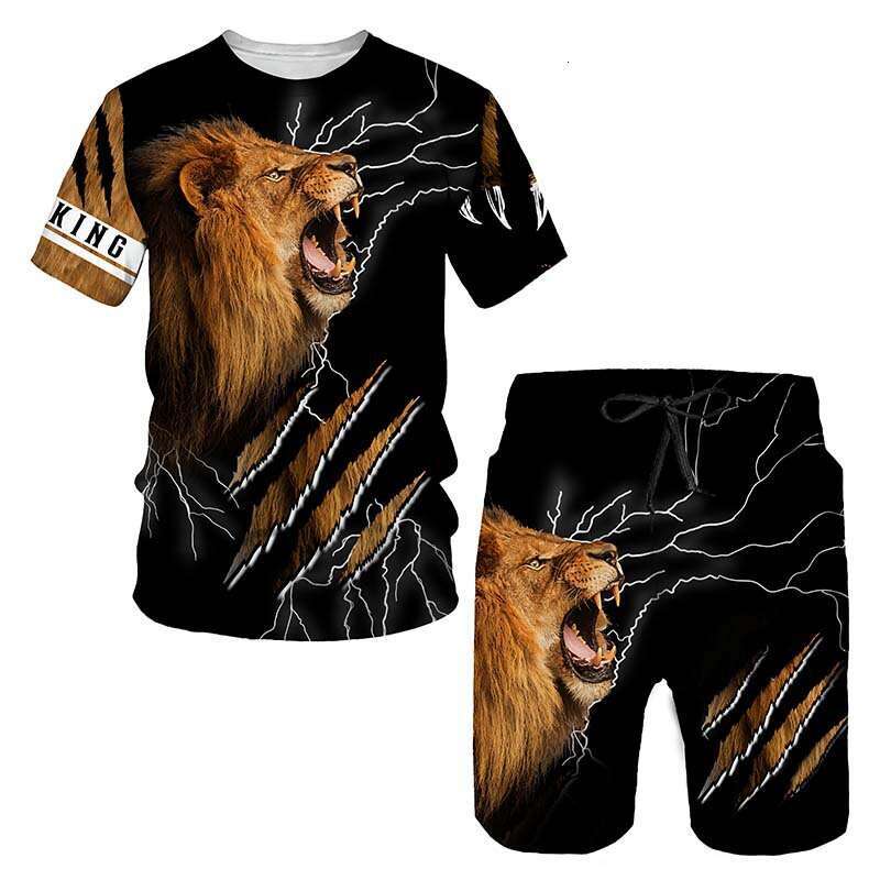 New European and American set with 3D digital printed animal images, short sleeved shorts, men's beach sports pants, 2025 new casual versatile fa