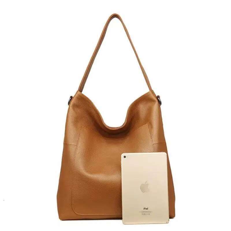 Genuine Women's Large Capacity First Layer Cow Leather Soft Shoulder Bag, Multi-Layer Pocket Crossbody Shopping Bag