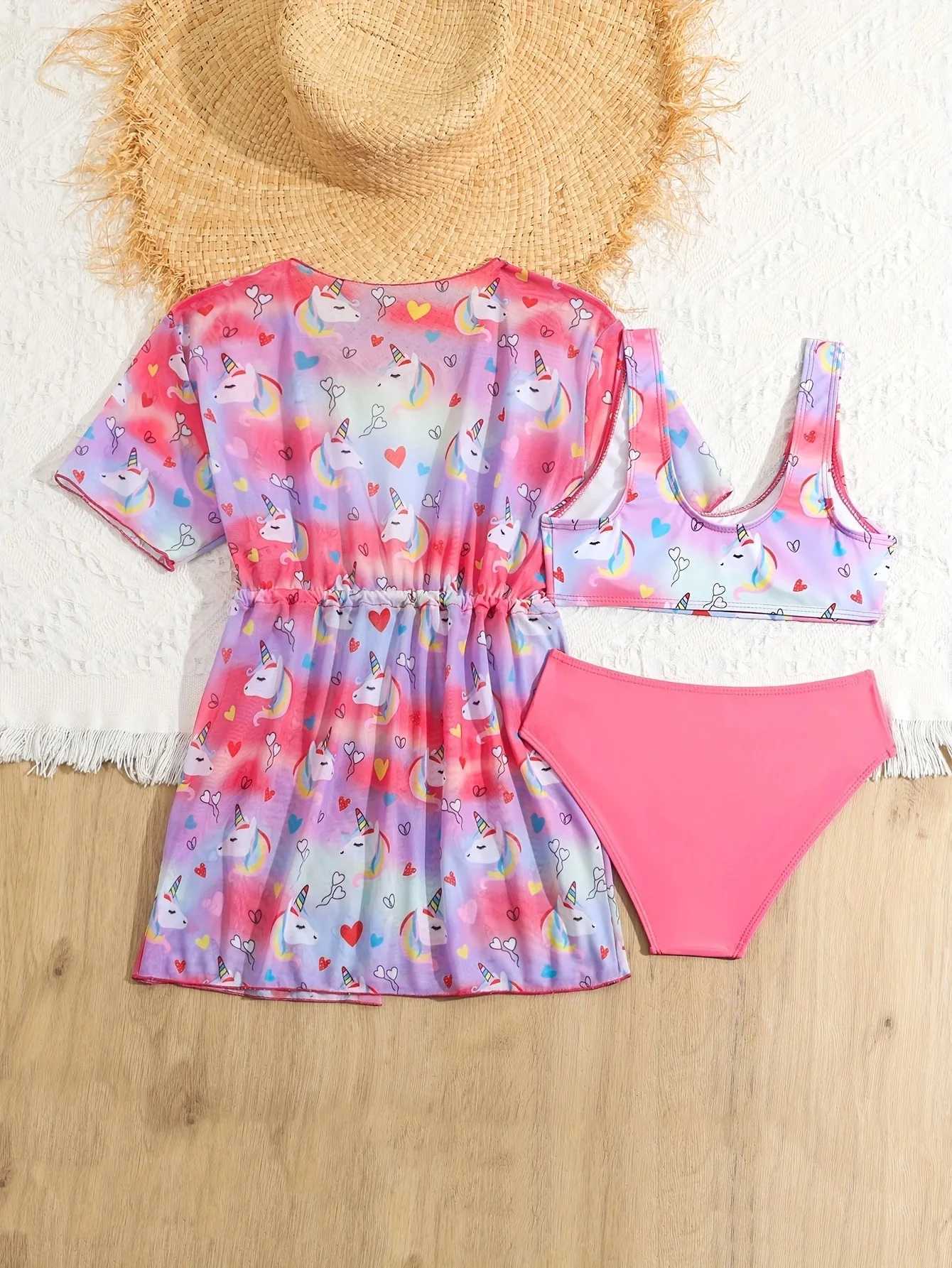 3 printed bikinis 2025 kimono childrens womens bathroom swimsuit beachwear J250403