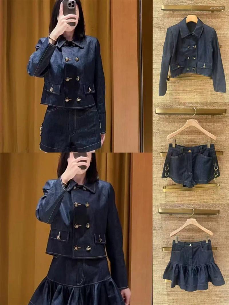 Women's Jackets Early Autumn 2025 Dark Blue Denim Suit Double Breasted Short Jacket Or A-Line Skirt Metal Embellished Shorts