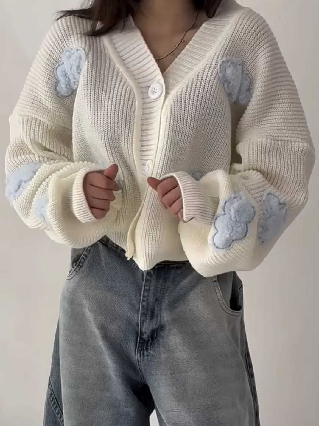 NEW Harajuku Spliced Cardigan Knit Sweater New Fashionable Casual Sweater Women American Y2k Cloud Embroidery Clothing Women J251103