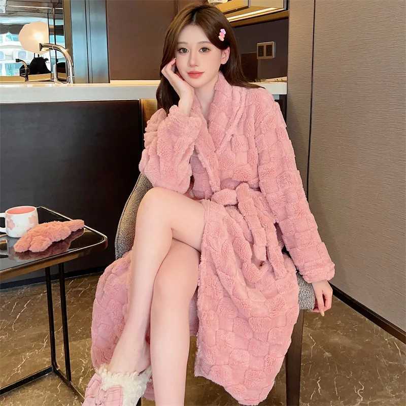 Flannel Bathrobe Sleepwear Womens Sweet Cute Long Robe Autumn Winter Warm Thick Loose Nightgown Lingerie Loose Casual Home Wear C251104