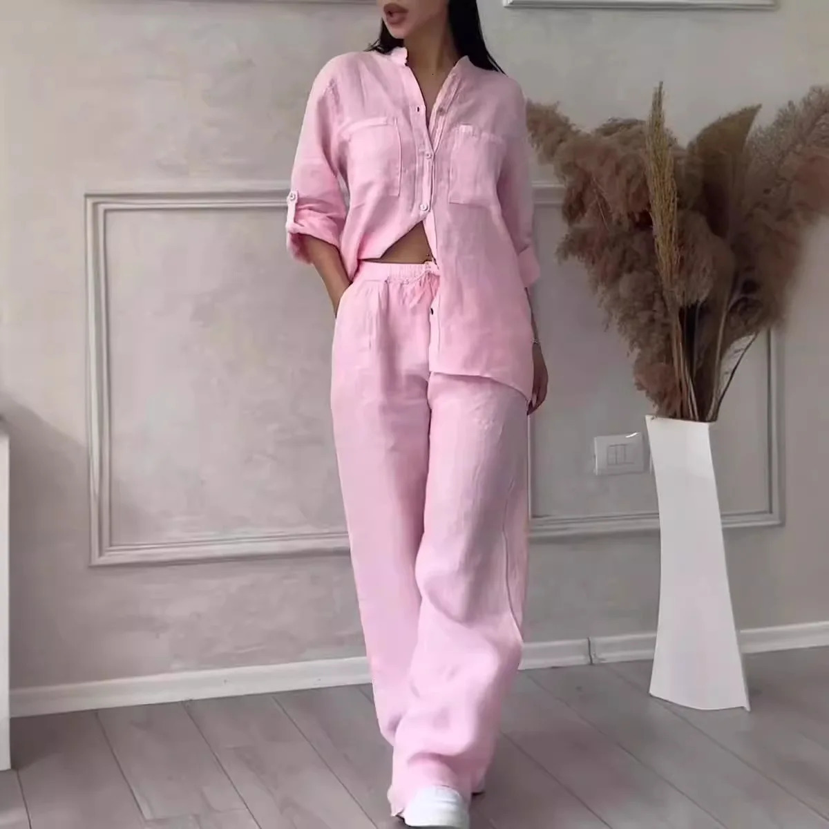 Pant Sets Women Two-piece Set Cotton And Linen Shirt Set High Waisted Loose Pants Elegant Summer Novelty 2024250403