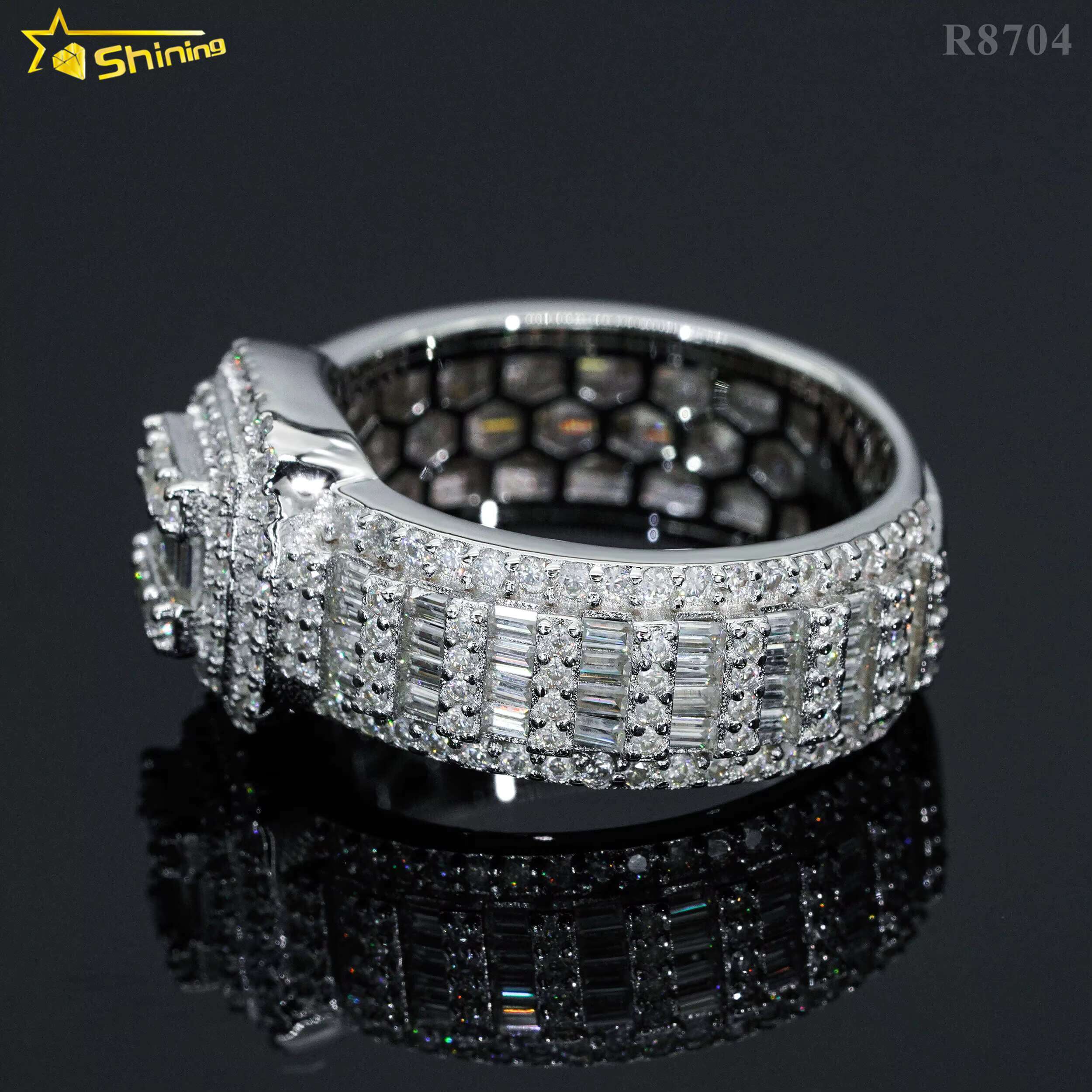 Hip Hop Jewelry Gold Plated 925 Silver Luxury Mens Ring baguette Moissanite Diamond Iced Out Rings