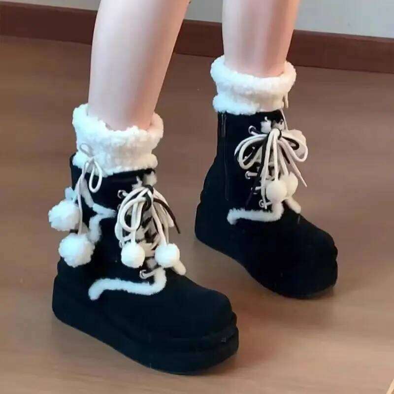 Fluffy Fur Thick Bottom Winter Cute Ankle Women 2025 Chunky Platform Wedge Heel Furry Kawaii Snow Boots Plush Y2K Shoes