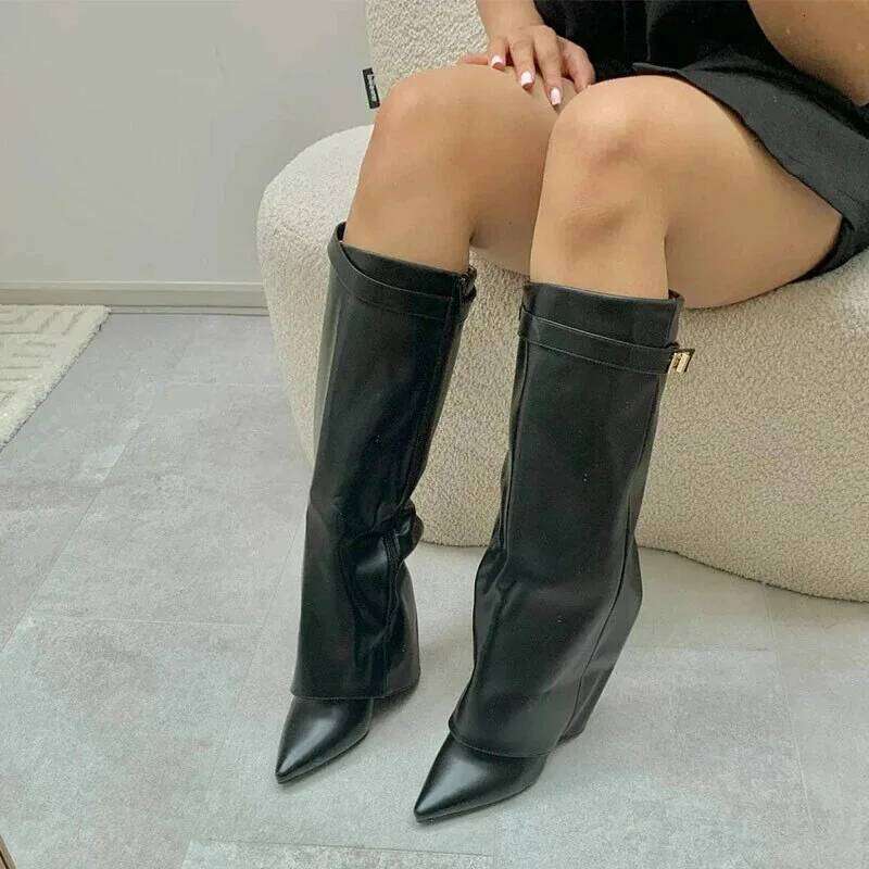 Autumn And Winter New Pointed Metal Buckle Knee High Women's Thick High-heeled Pants Ladies Fashion Mid Leg Boots