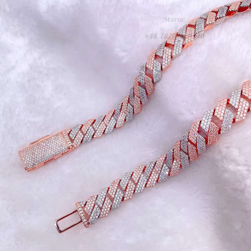 S925 Hip Hop Jewelry Icedout Two Tone Necklace 15mm Cuban Chain Icedout Moissanite Diamond Cuban Link Chain Cuban Bracelet