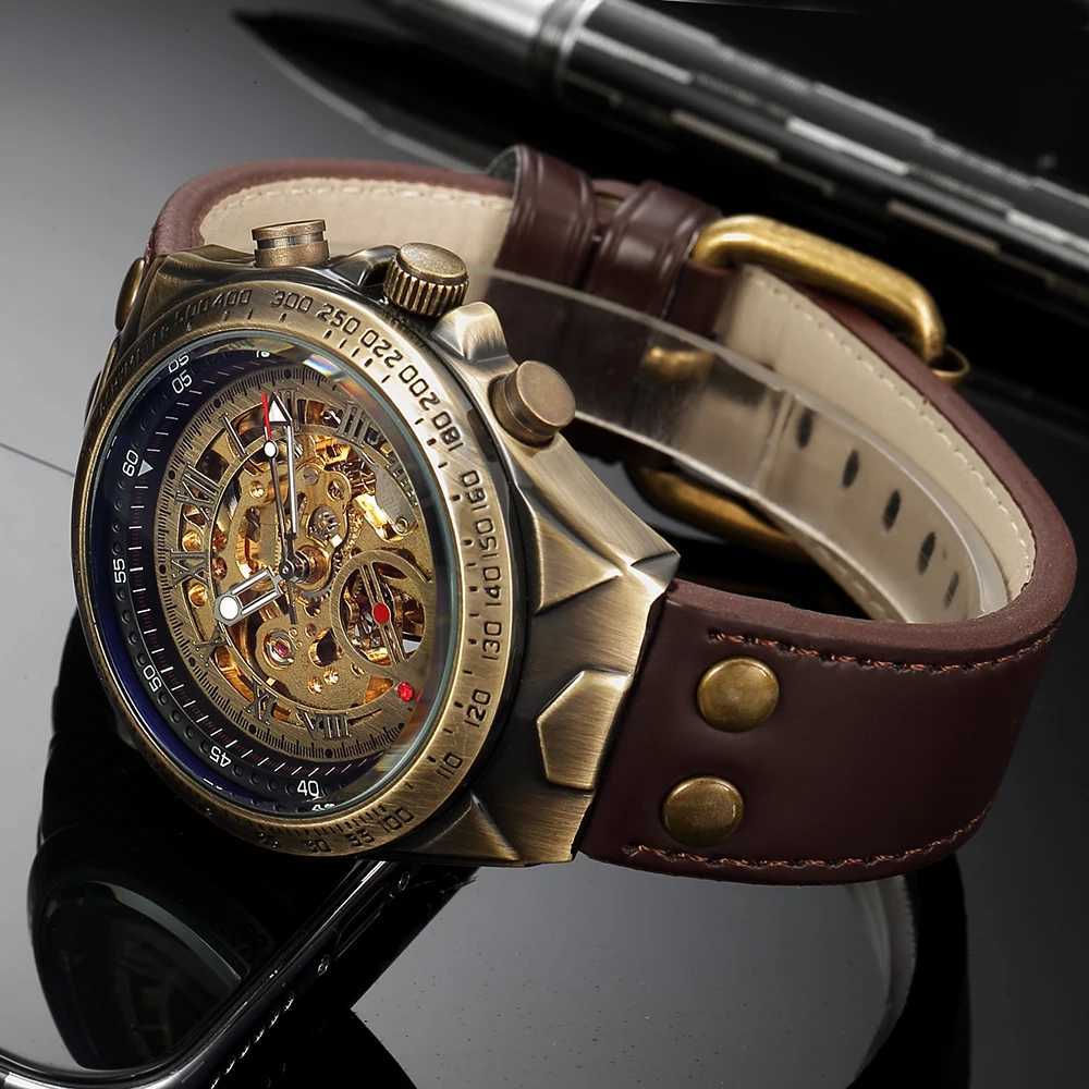 Vintage Automatic Mechanical Watch Men Steampunk Skeleton Self Winding Watch Retro Leather Wristwatch Male Clock montre hommeT251104