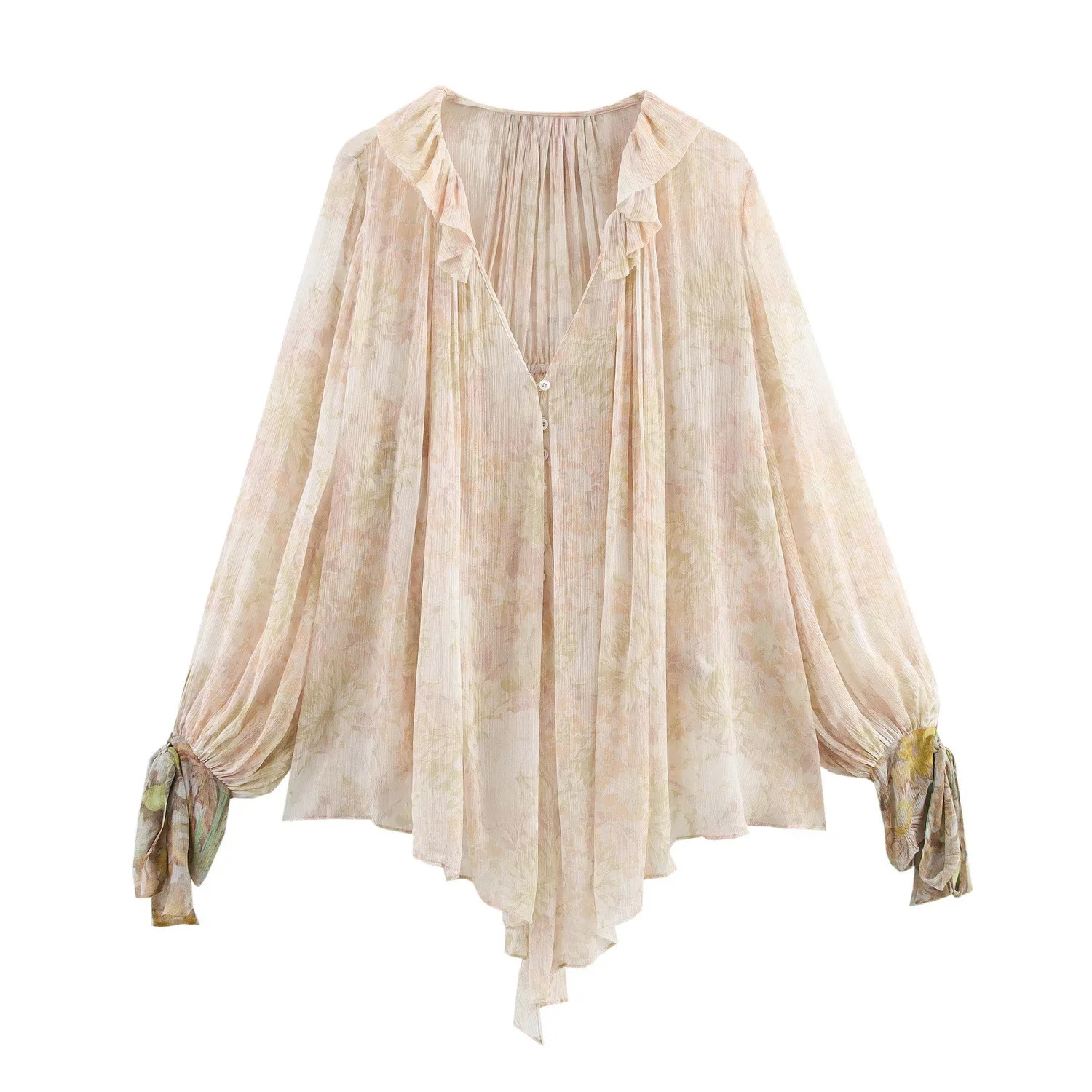 ZBZA Womens Floral Print Shirt V-neck Long Sleeve Single-breasted Asymmetrical Hem Top Spring and Summer Casual Chic Shirt 250403