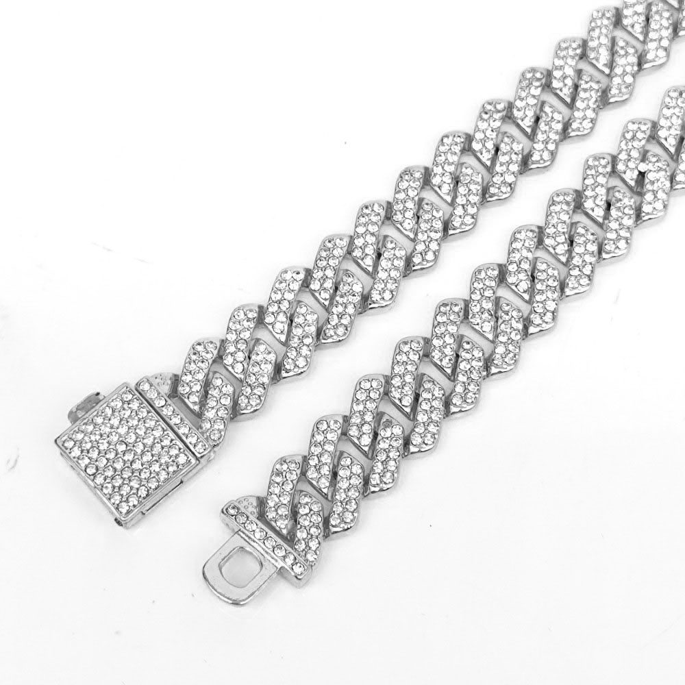 HipHop Men Women 14MM Prong Link Chain Necklace Bling Iced Out 2 Row Rhinestone Paved Miami Rhombus Cuban Bracelet Jewelry