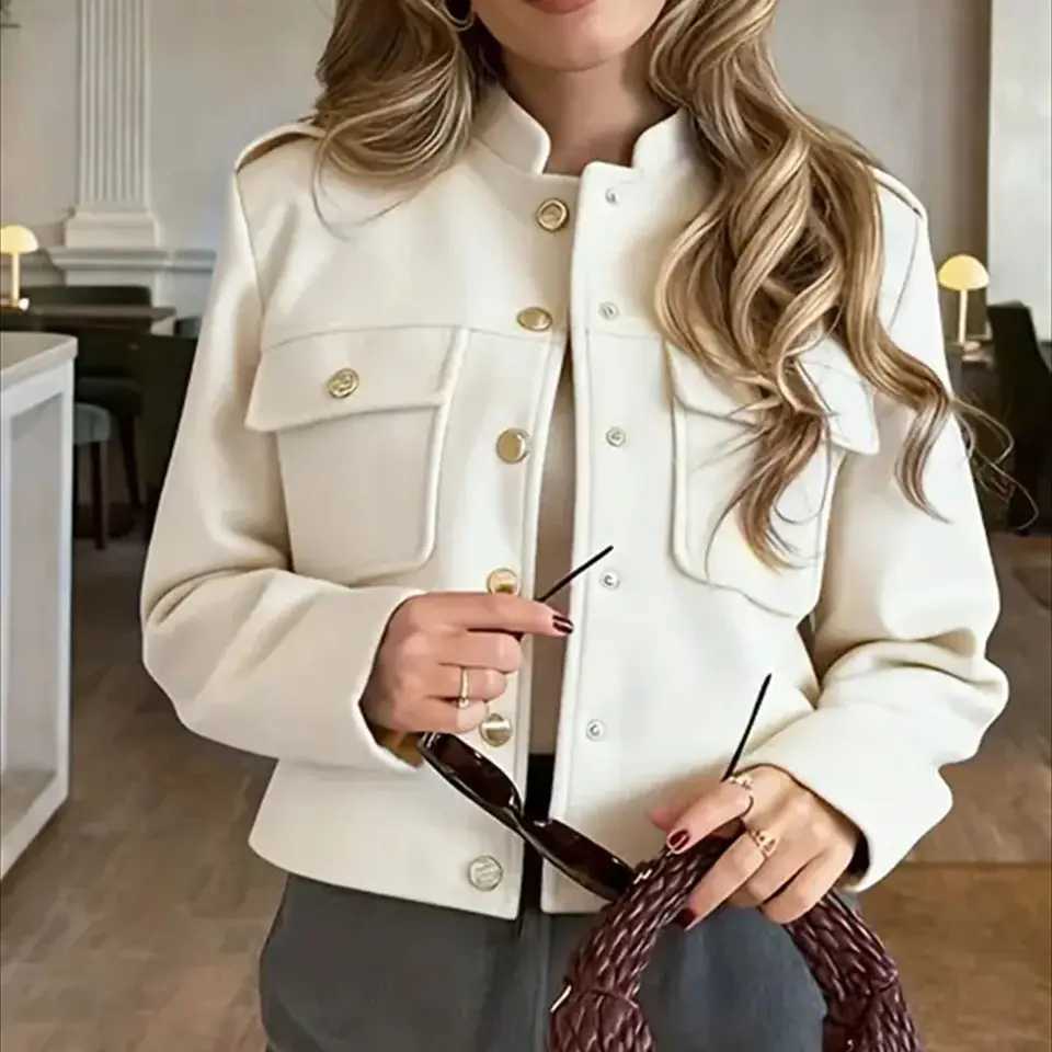Fashion Button Bomber Jacket For Women 2025 Autumn Winter Stand Neck Coat Single Breasted Pocket Jackets Lady Casual Chic Coats J2511241