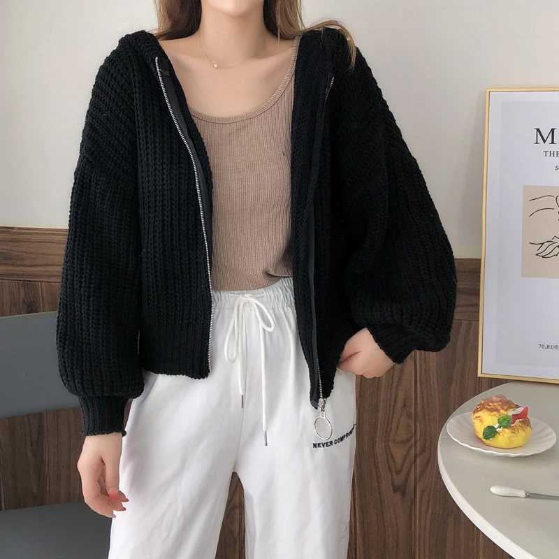 Casual Hooded Solid Color Lantern Sleeve Cardigan Sweater Fashion Zipper Loose Knitted Jacket Autumn New Womens Knitwear J251103