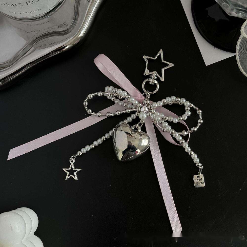 Korean Style Sweet Pearl Bowknot Pendant Silver Heart Keychain Cute Bag Accessory