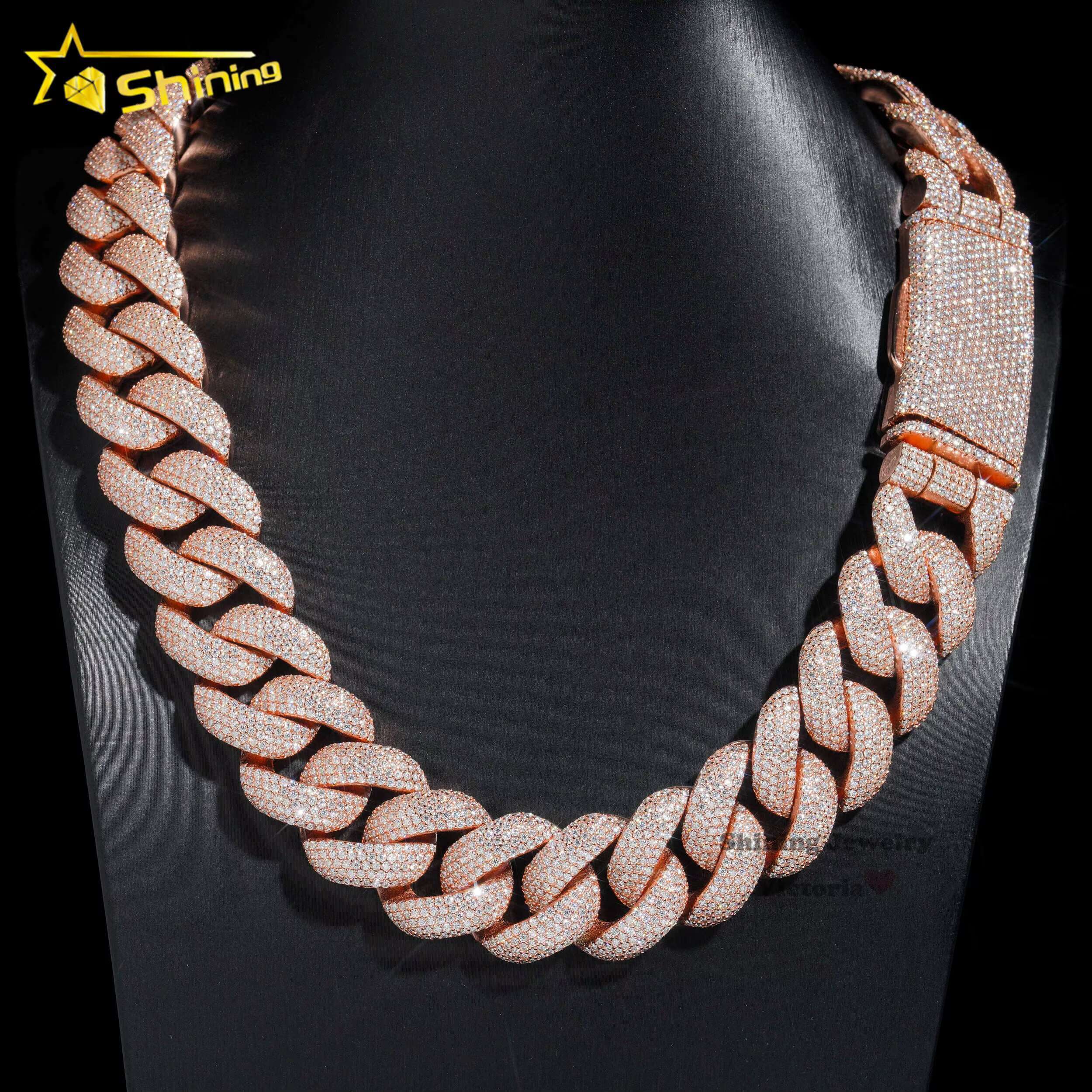 New Arrival Iced Out Rapper Jewelry Moissanite Chain 925 Sterling Silver 25mm Rose Gold Plated Vvs Moissanite Cuban Link Chain