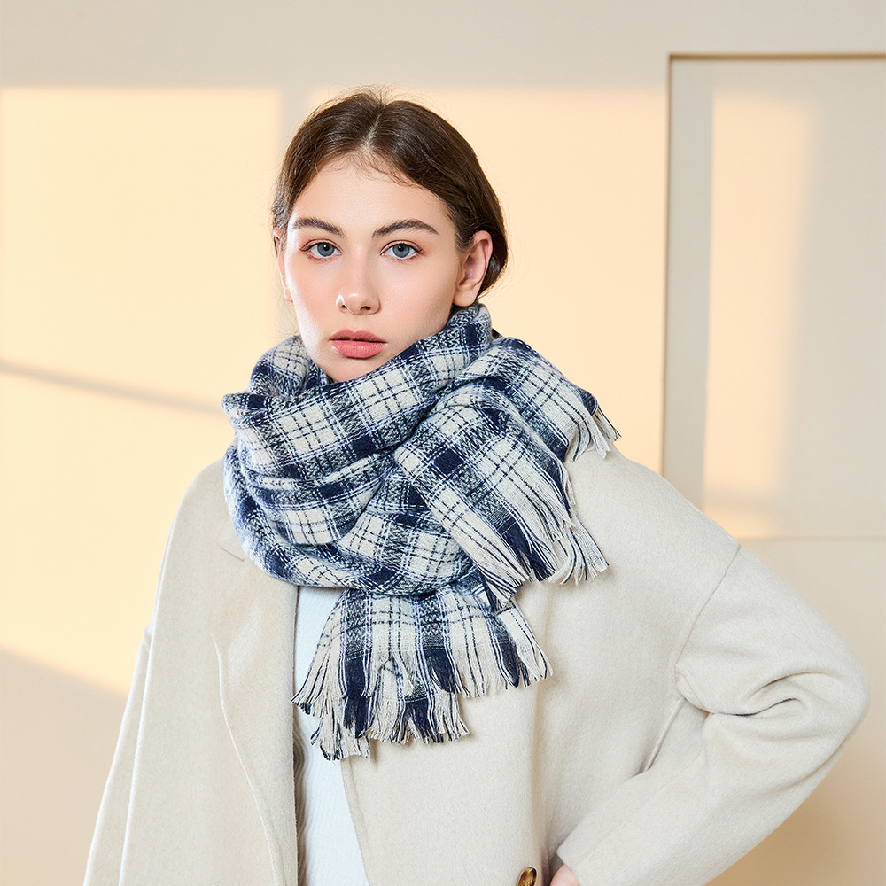 K305 Cross-border plaid imitation cashmere winter scarf custom-made 2024 fashionable warm short beard office shawl female agency