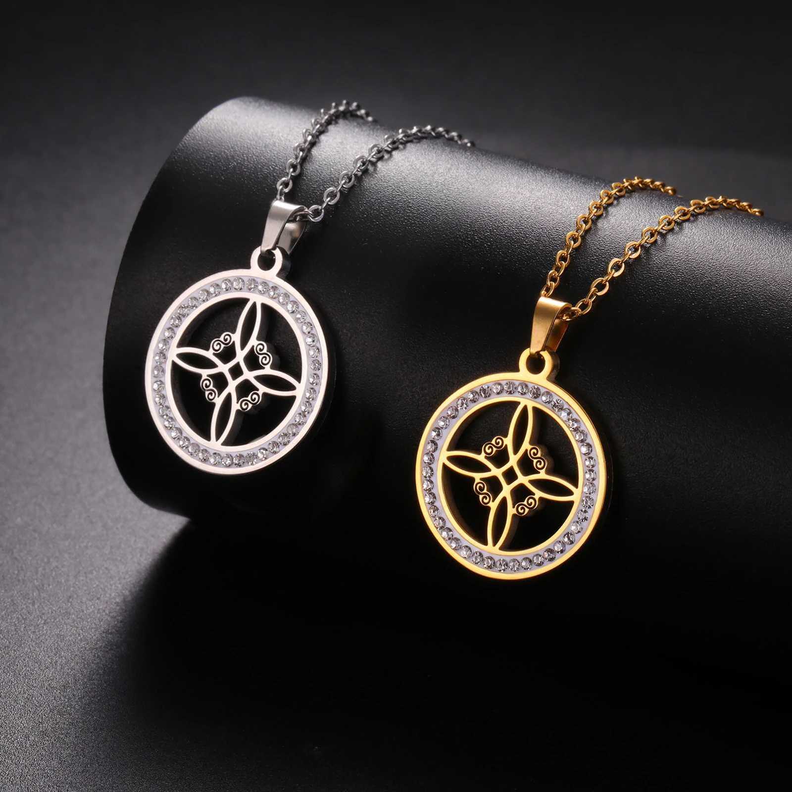 Skyrim Witchcraft Witch Knot Necklace Stainless Steel Clear Zircon Round Pendant Necklaces Amulet Wicca Jewelry Birthday GiftXJ251104