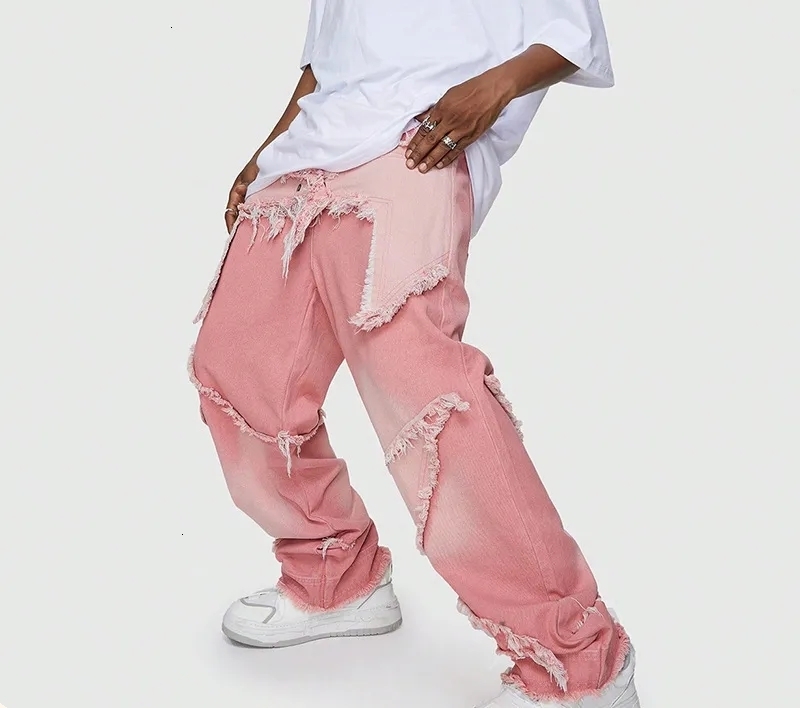 Mens Jeans Designer Jeans For Men Jeans Vibe high-end splicing pink hip-hop workwear wide leg Tencel jeans men's style