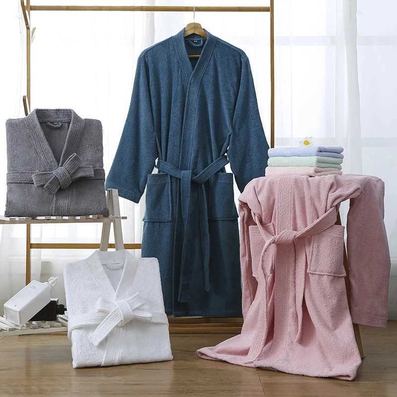 Women Towel Bathrobe 100Cotton Long Thick Absorbent Terry Bath Robe Kimono Men LightWeight Waffle Solid Dressing Gown Sleepwear C251104