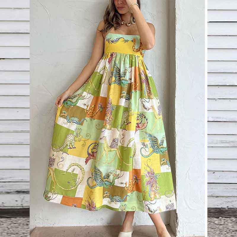 2025 Spring/Summer Ins Style Long Style Positioning Printed Strap Casual Vacation Long Dress
