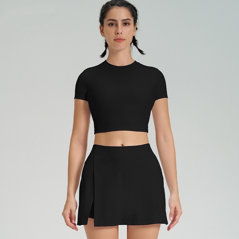 Women's two-piece seamless back short sleeve and skirt suit, sports tennis summer yoga dress suit